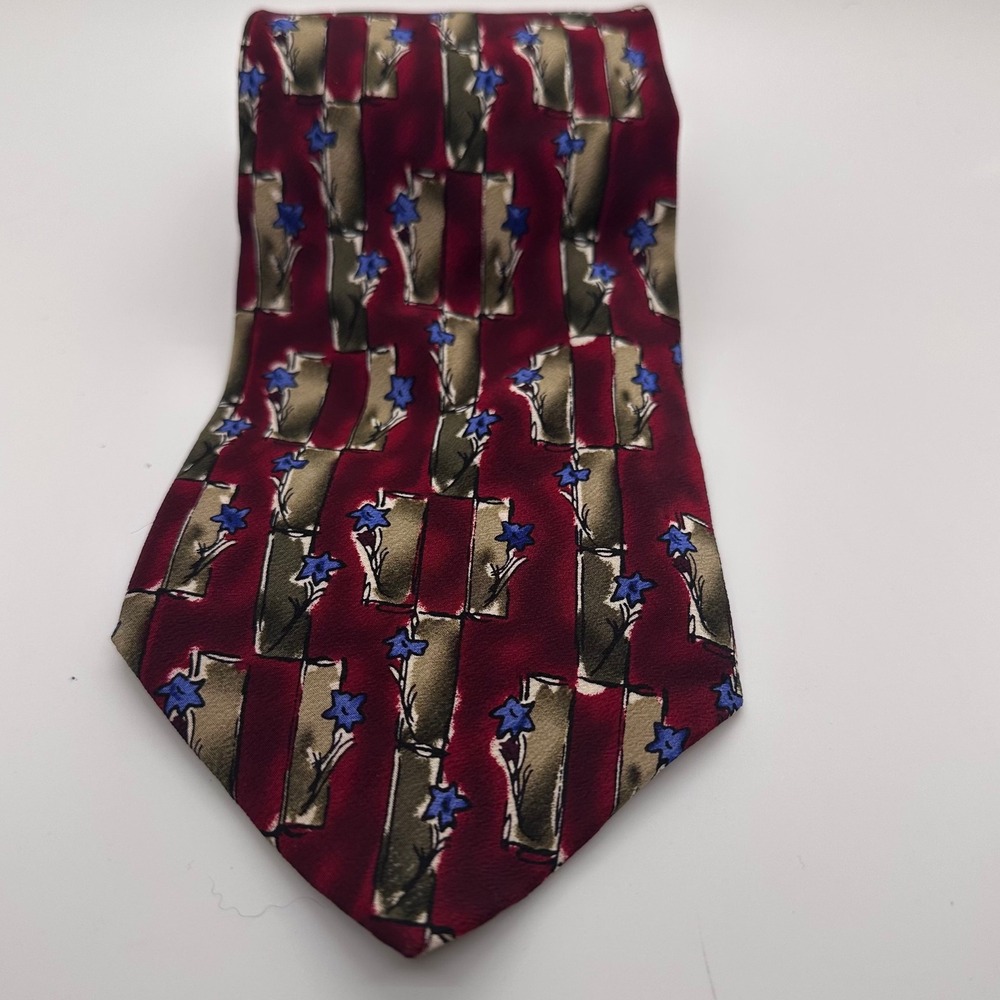 J. Garcia Necktie Floral Burgundy Blue Abstract Silk Tie